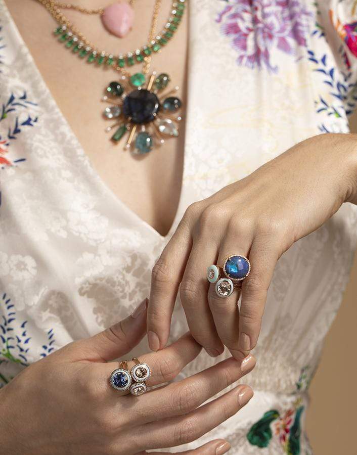 SELIM MOUZANNAR-Blue Sapphire, Diamonds and Light Blue Enamel Ring-ROSE GOLD