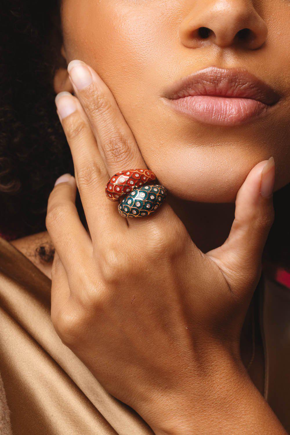 SELIM MOUZANNAR-Fish For Love Red Enamel Diamond Ring-ROSE GOLD