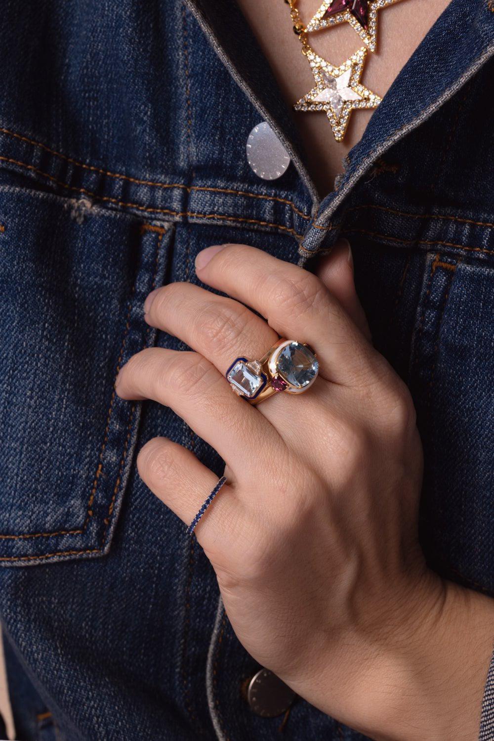 SELIM MOUZANNAR-Gemma Enamel Aquamarine Ring-ROSE GOLD