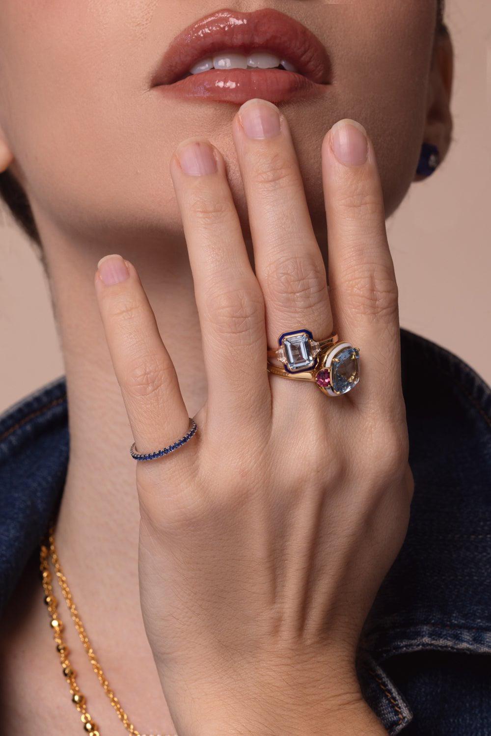 SELIM MOUZANNAR-Gemma Enamel Aquamarine Ring-ROSE GOLD
