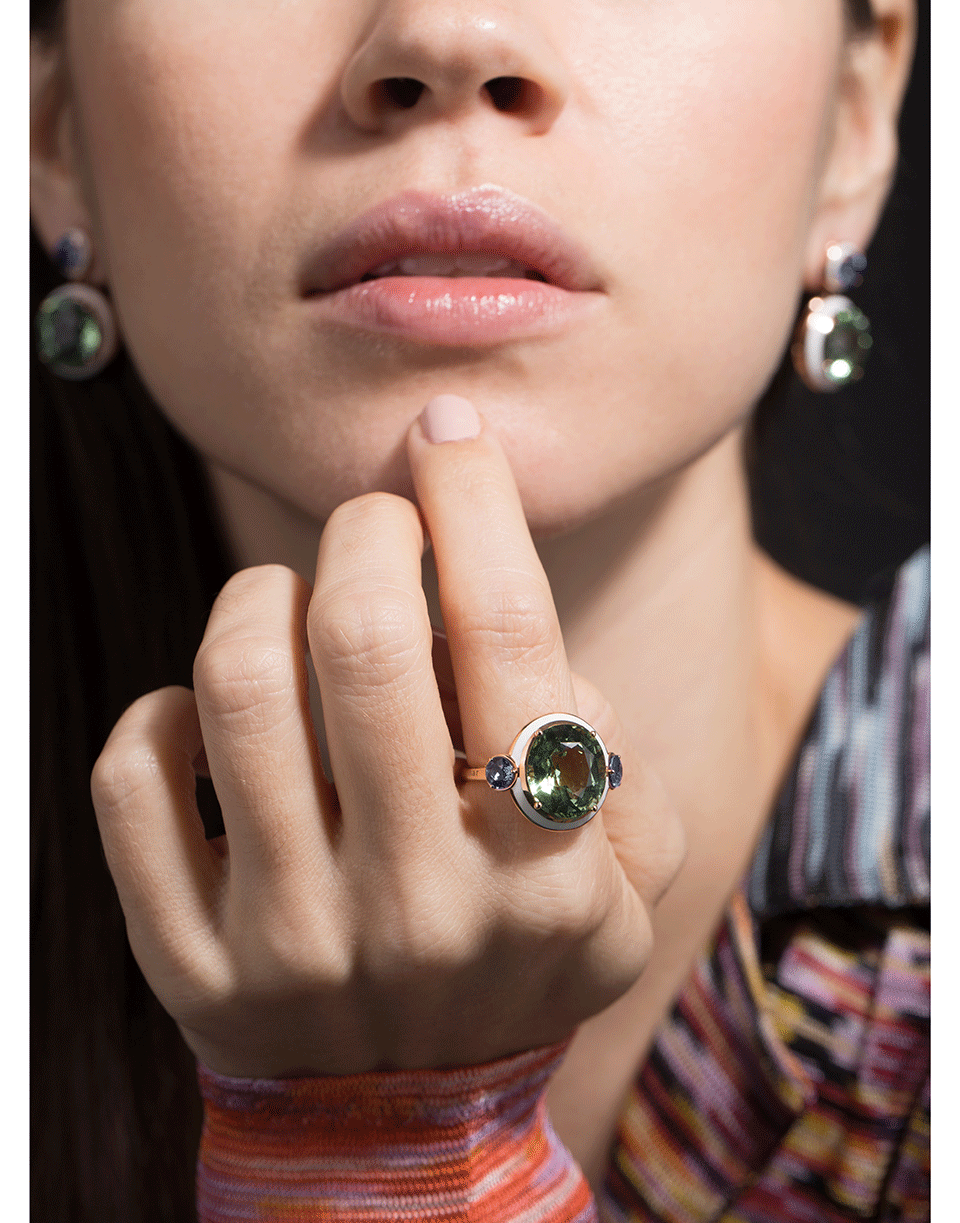 SELIM MOUZANNAR-Gemma Green Tourmaline and Blue Sapphire Ring-ROSE GOLD
