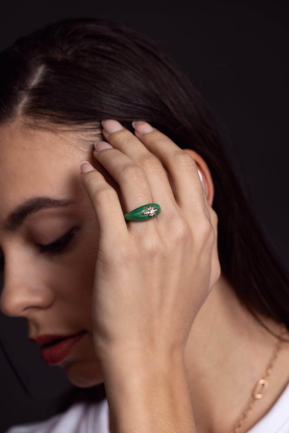  SELIM MOUZANNAR-Green Enamel Diamond Aida Ring-ROSE GOLD 