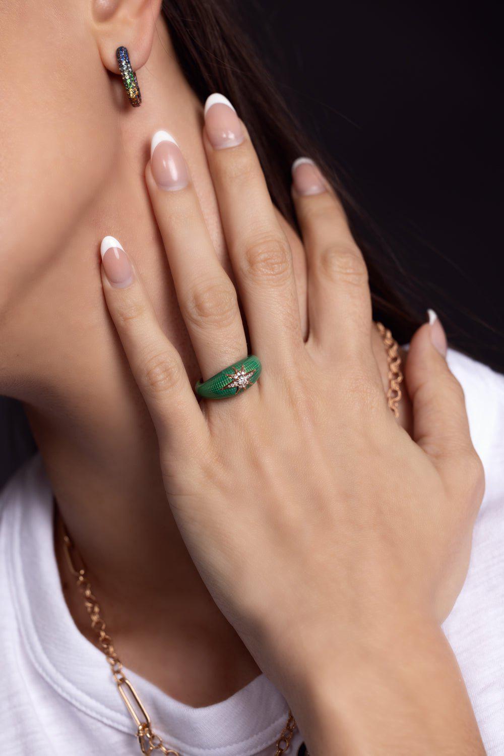  SELIM MOUZANNAR-Green Enamel Diamond Aida Ring-ROSE GOLD 