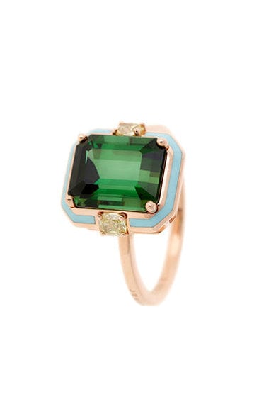 SELIM MOUZANNAR-Light Blue Enamel Green Tourmaline Ring-ROSE GOLD