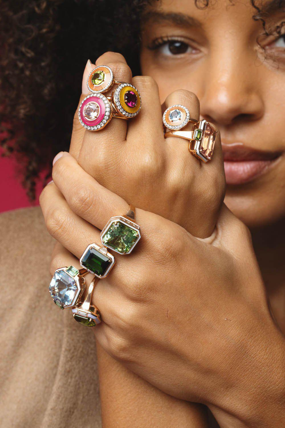 SELIM MOUZANNAR-Mina Orange Enamel Aquamarine Ring-ROSE GOLD