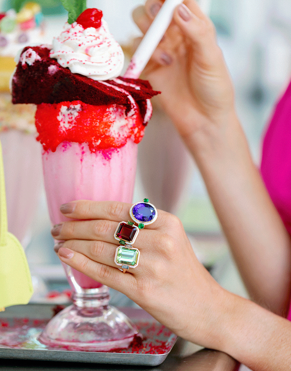 SELIM MOUZANNAR-Tanzanite and Tsavorite White Enamel Ring-ROSE GOLD