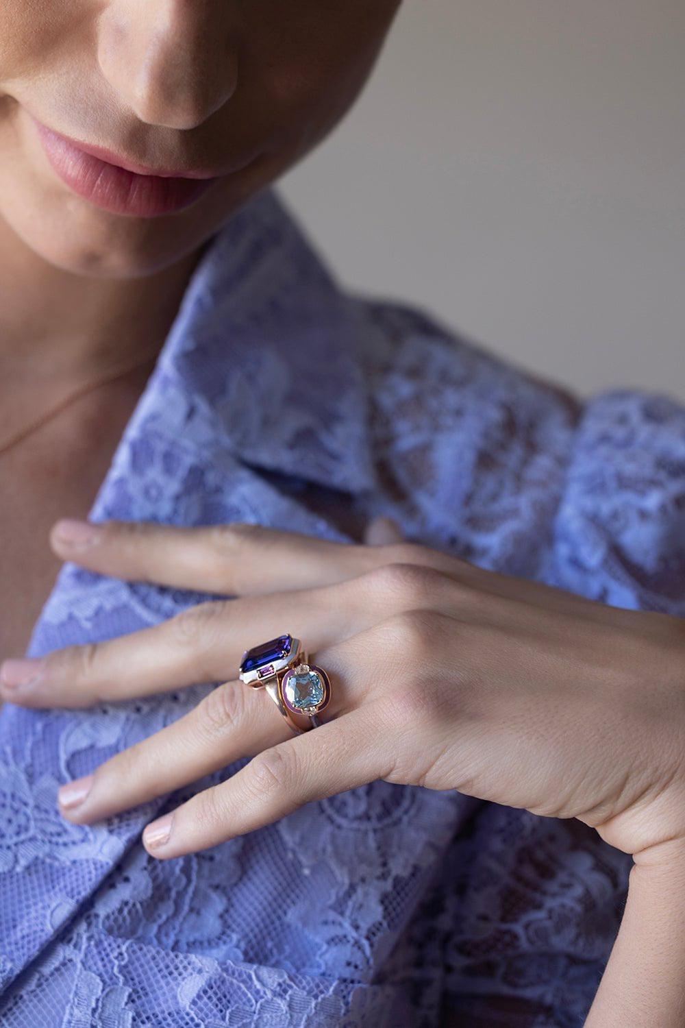 SELIM MOUZANNAR-Tanzanite Lilac Enamel Ring-ROSE GOLD