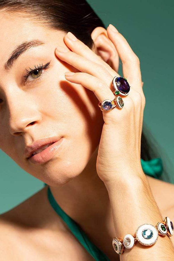 SELIM MOUZANNAR-Tanzanite Tsavorite and White Enamel Ring-ROSE GOLD