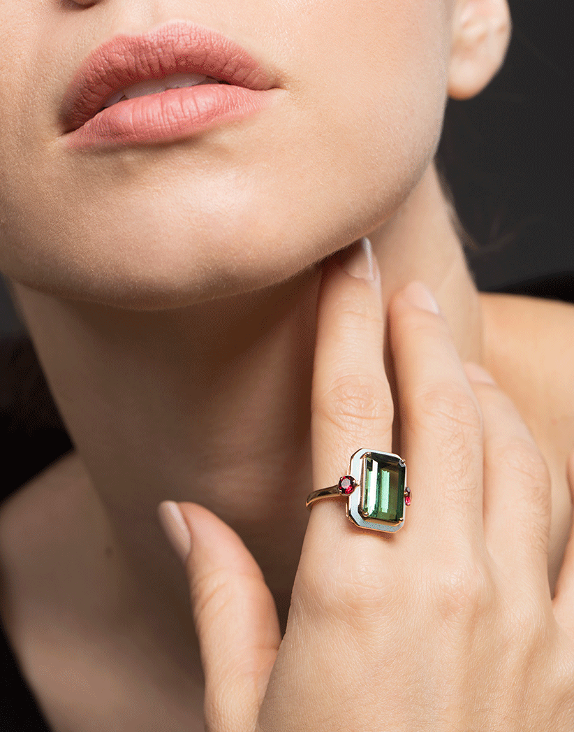SELIM MOUZANNAR-Tourmaline and Enamel Ring-ROSE GOLD
