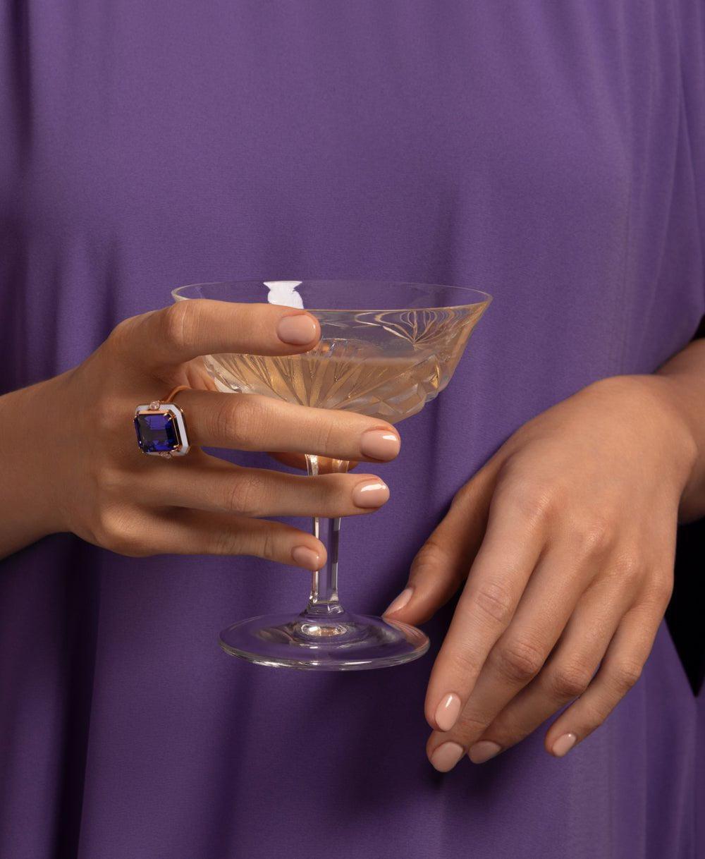 SELIM MOUZANNAR-Tanzanite and Lilac Enamel Ring-ROSE GOLD