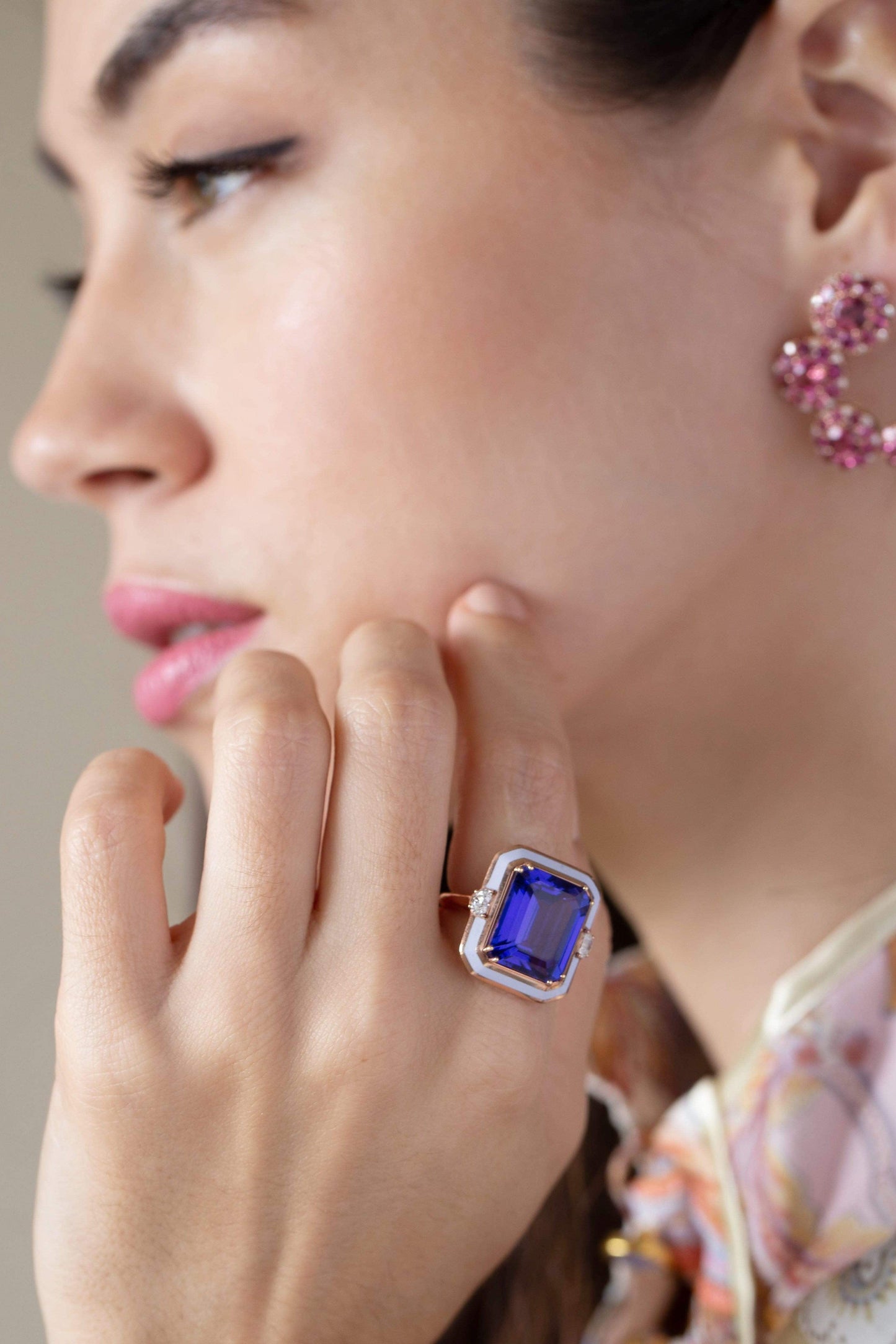 SELIM MOUZANNAR-Tanzanite and Lilac Enamel Ring-ROSE GOLD