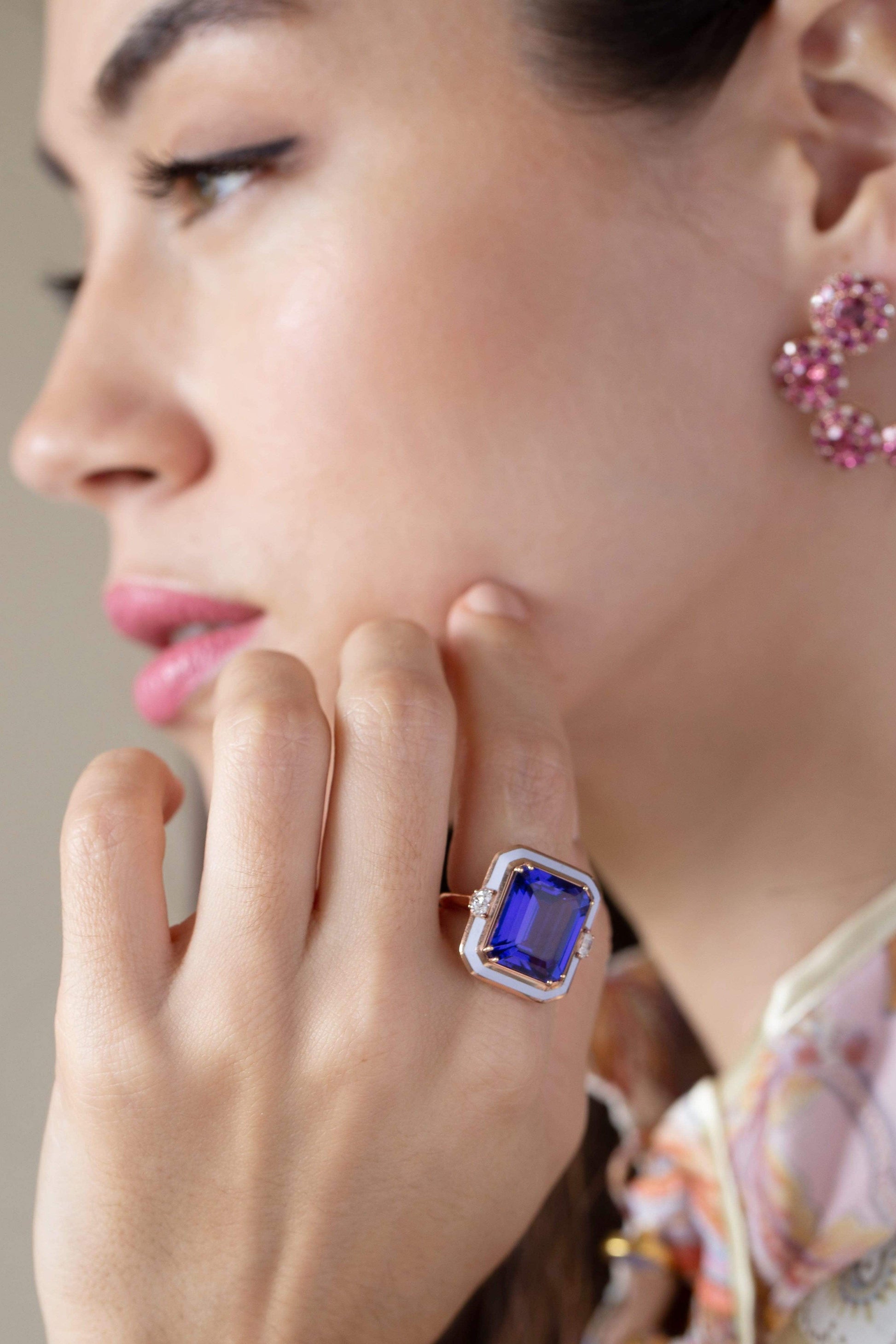 SELIM MOUZANNAR-Tanzanite and Lilac Enamel Ring-ROSE GOLD