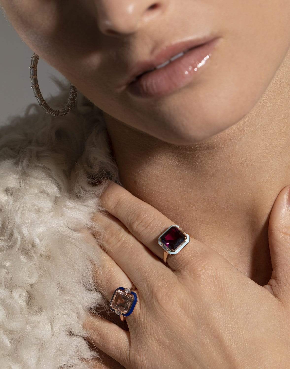 SELIM MOUZANNAR-Light Blue Enamel Garnet Ring-ROSE GOLD