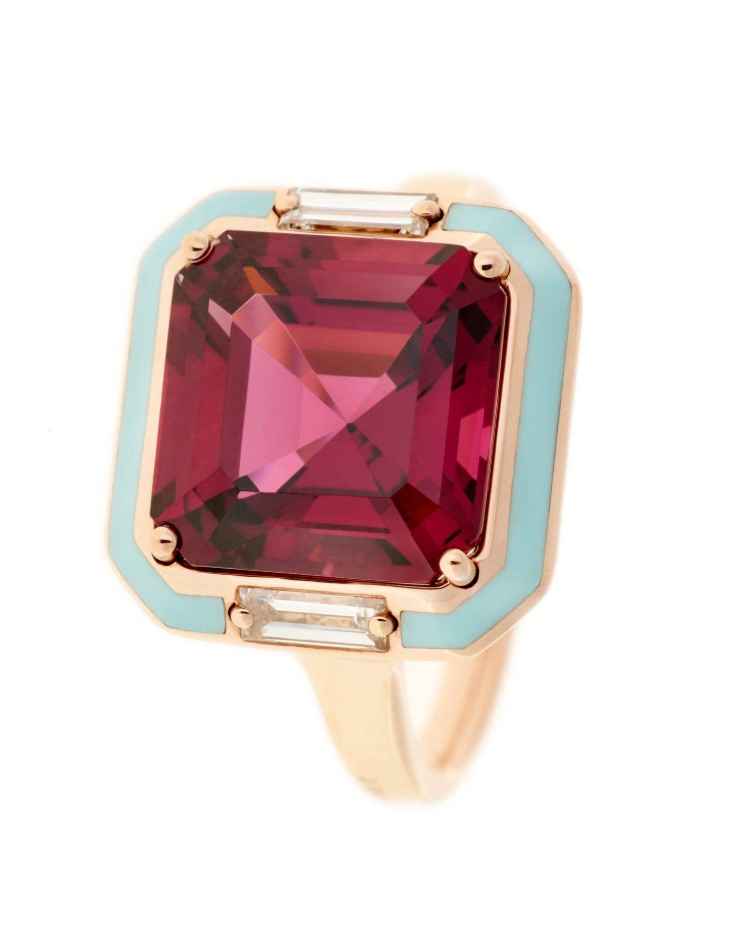 SELIM MOUZANNAR-Light Blue Enamel Garnet Ring-ROSE GOLD
