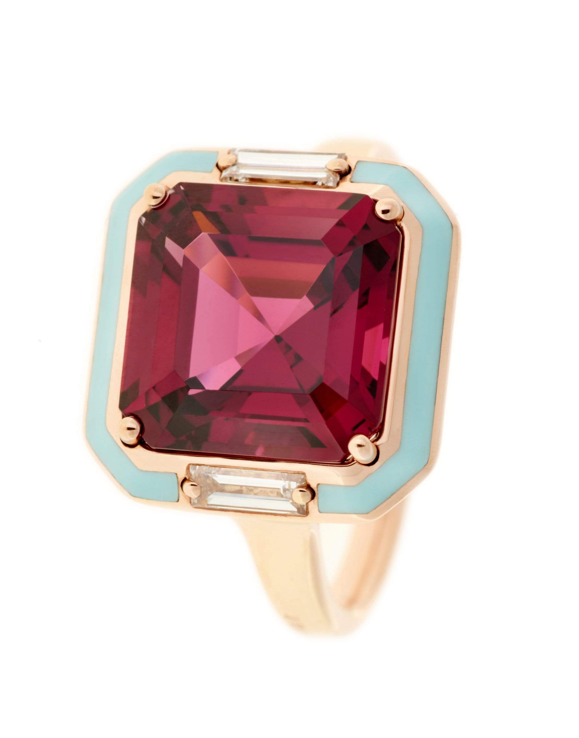 SELIM MOUZANNAR-Light Blue Enamel Garnet Ring-ROSE GOLD