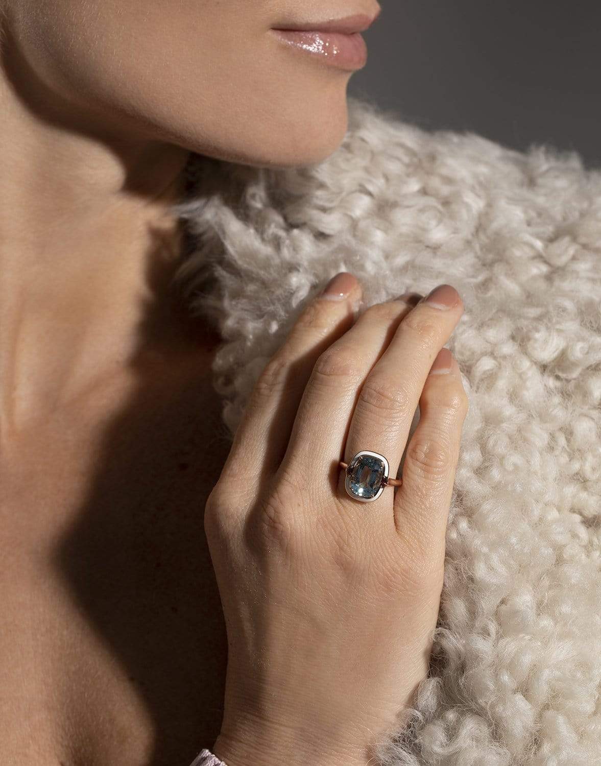 SELIM MOUZANNAR-White Enamel Aquamarine Ring-ROSE GOLD