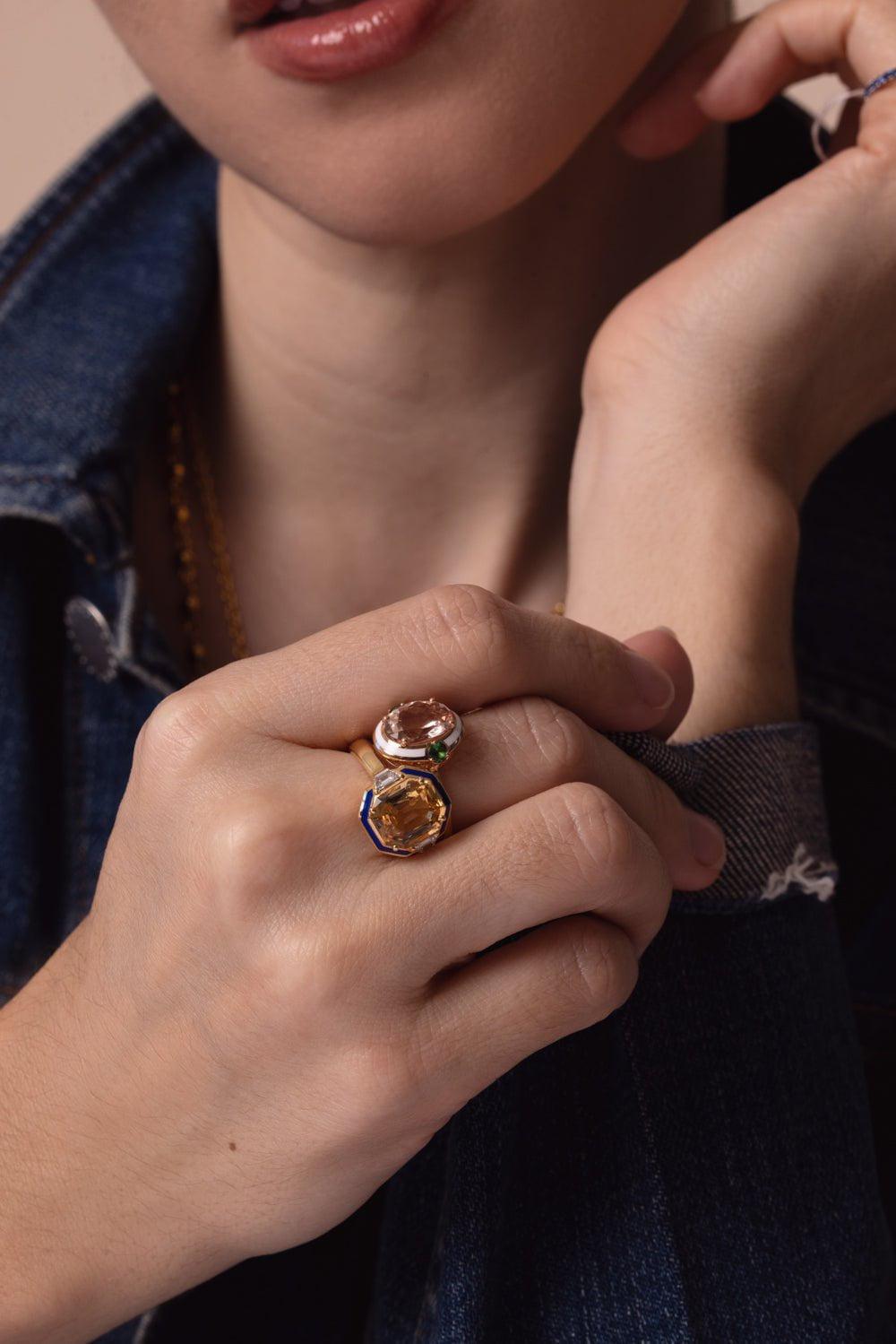 SELIM MOUZANNAR-Gemma Enamel Topaz Diamond Ring-YELLOW GOLD