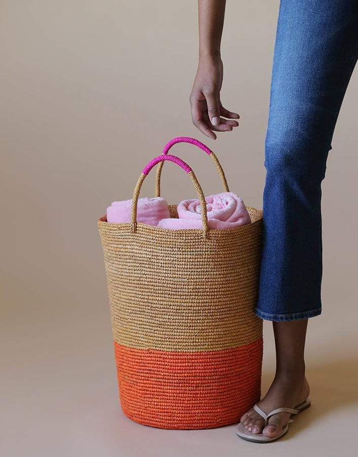 SENSI STUDIO-Beige and Orange Tall Triple Tone Beach Basket-BIE/ORA