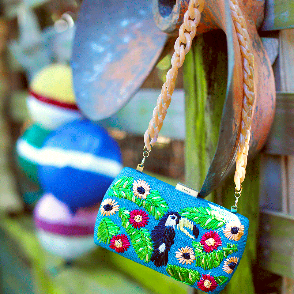 SERPUI-Elza Tucan Embroidered Clutch-TURQUOIS