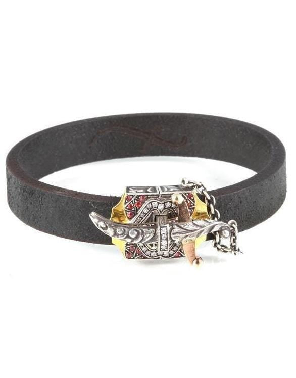 SEVAN BICAKCI-Black Leather Pink Sappire Dagger Bracelet-YELLOW GOLD