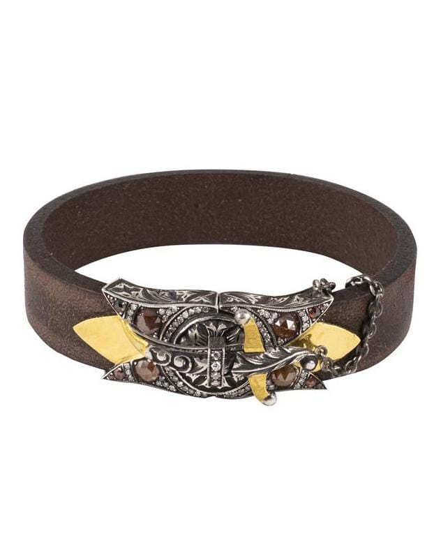 SEVAN BICAKCI-Diamond Dagger Brown Leather Bracelet-YELLOW GOLD