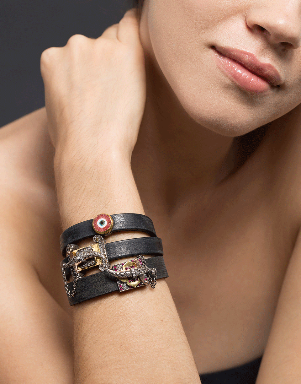 SEVAN BICAKCI-Double Wrap Evil Eye Black Leather Bracelet-YELLOW GOLD