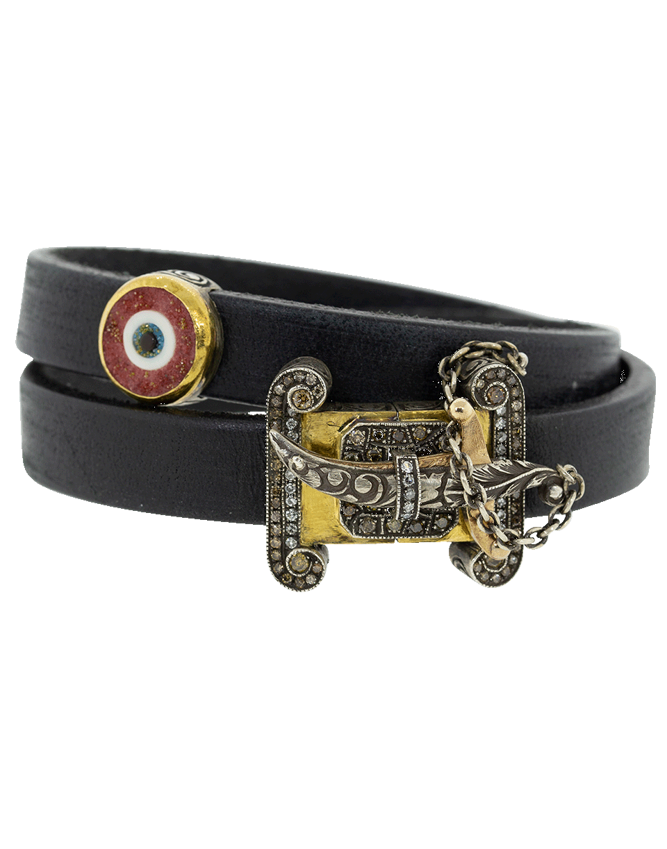 SEVAN BICAKCI-Double Wrap Evil Eye Black Leather Bracelet-YELLOW GOLD