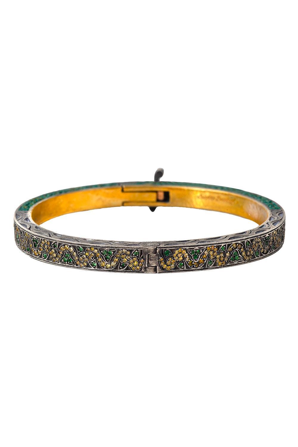 Green Garnet Yellow Diamond Mosaic Bangle Bracelet-YELLOW GOLD-JEWELRYFINE JEWELBRACELET O-SEVAN BICAKCI