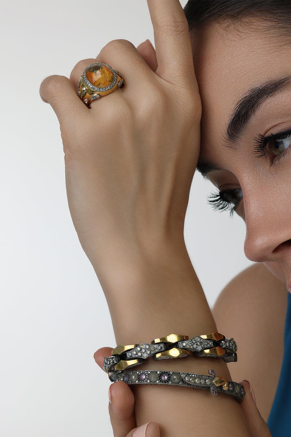 Milky Rough Diamond Bangle Bracelet-YELLOW GOLD-JEWELRYFINE JEWELBRACELET O-SEVAN BICAKCI