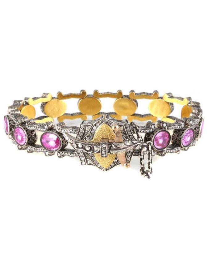 SEVAN BICAKCI-Pink Sapphire and Diamond Tank Track Bracelet-YELLOW GOLD
