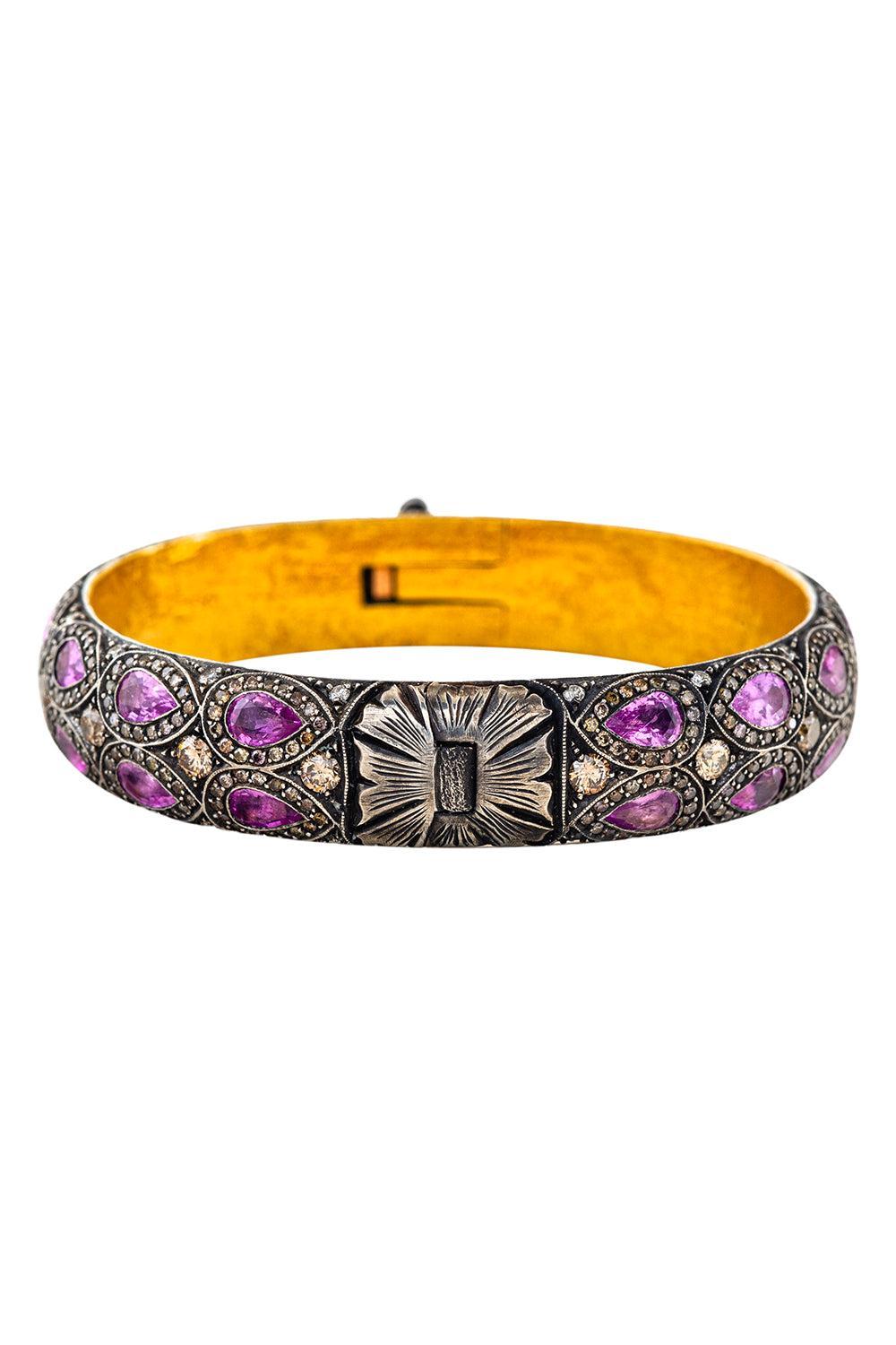 Pink Sapphire Diamond Wide Bangle Bracelet-YELLOW GOLD-JEWELRYFINE JEWELBRACELET O-SEVAN BICAKCI