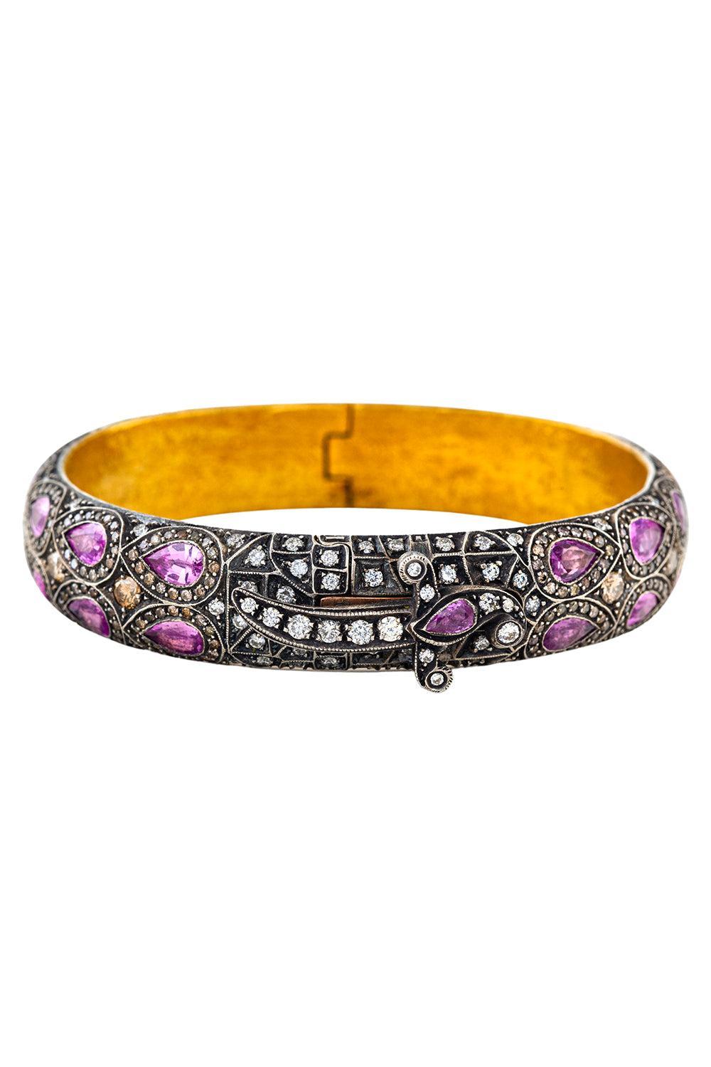 Pink Sapphire Diamond Wide Bangle Bracelet-YELLOW GOLD-JEWELRYFINE JEWELBRACELET O-SEVAN BICAKCI