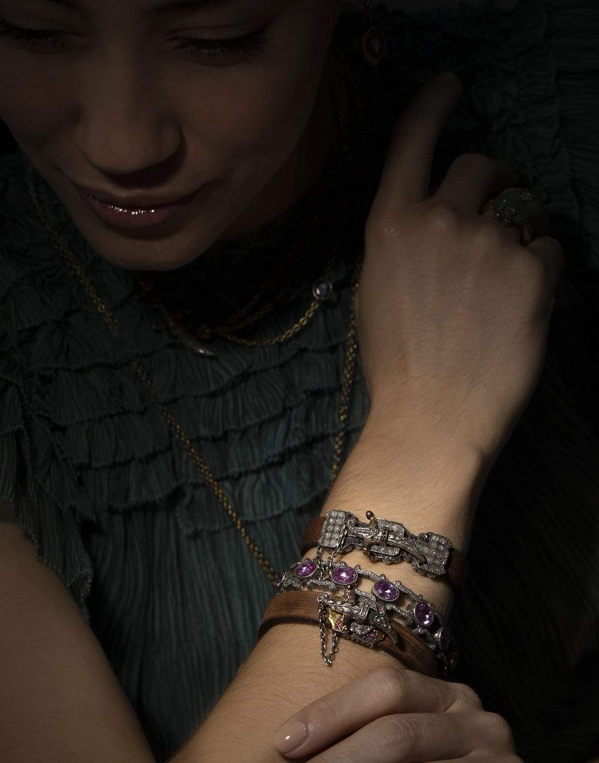 SEVAN BICAKCI-Tan Leather Diamond Dagger Bracelet-YELLOW GOLD