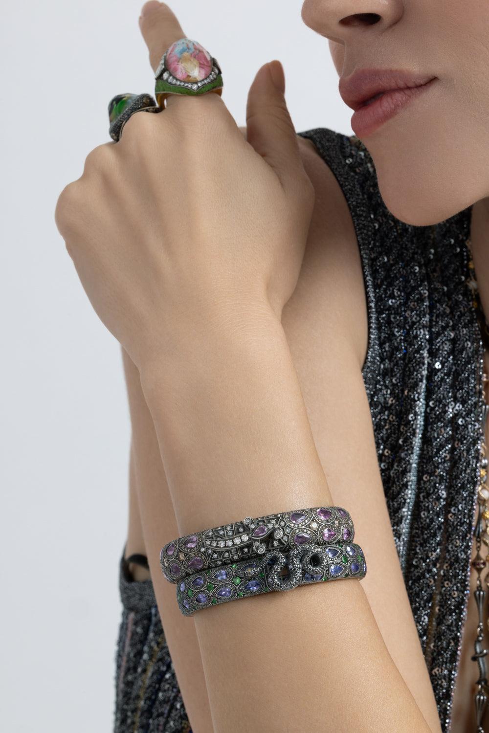 Tanzanite Amethyst Snake Clasp Bangle Bracelet-YELLOW GOLD-JEWELRYFINE JEWELBRACELET O-SEVAN BICAKCI