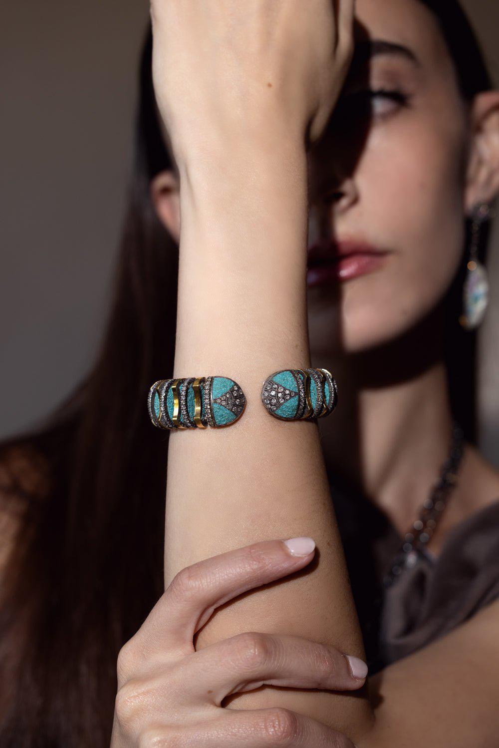SEVAN BICAKCI-Turquoise Micro Mosaic Cuff Bracelet-YELLOW GOLD