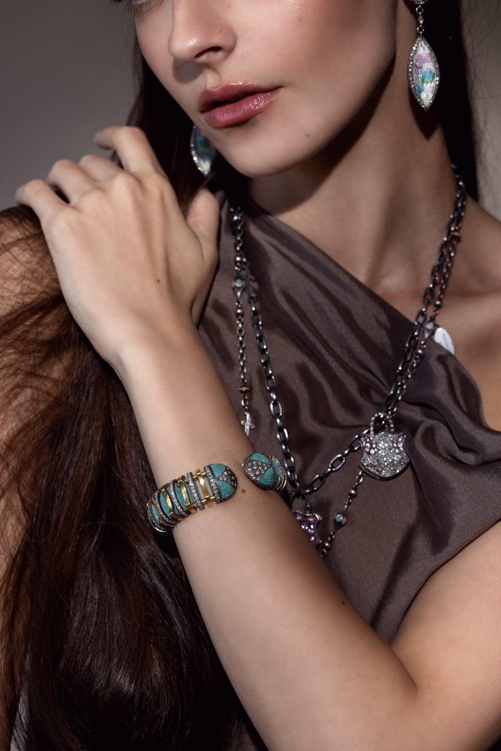 SEVAN BICAKCI-Turquoise Micro Mosaic Cuff Bracelet-YELLOW GOLD