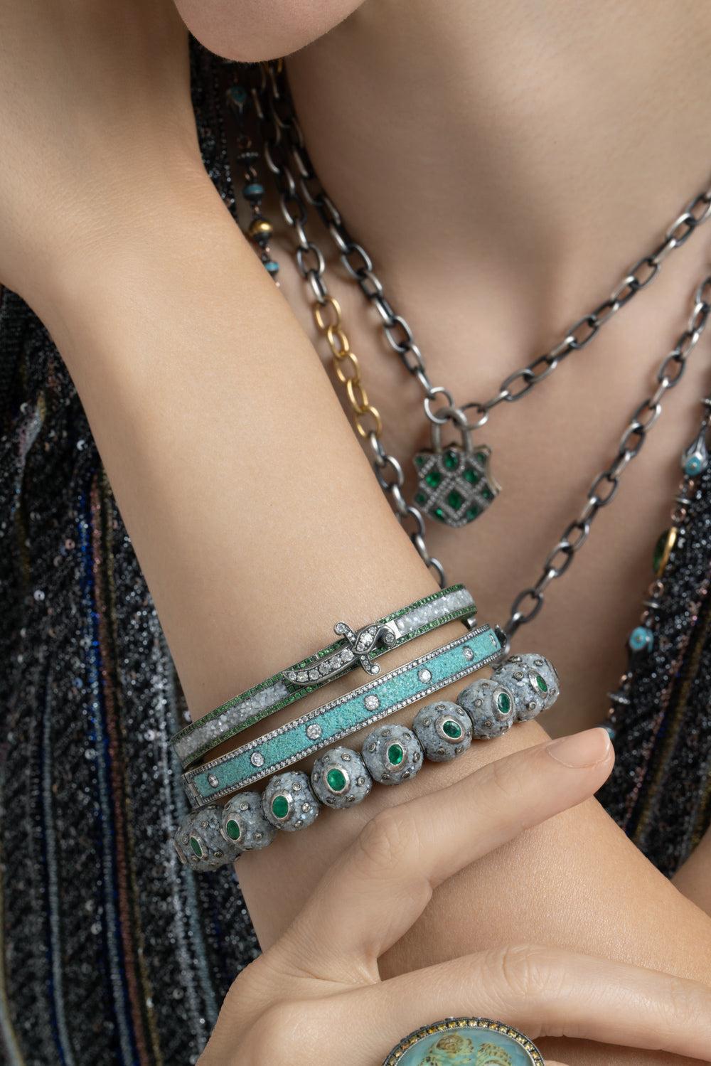  Turquoise Micro Mosaic Wide Bangle Bracelet-YELLOW GOLD-JEWELRYFINE JEWELBRACELET O-SEVAN BICAKCI 