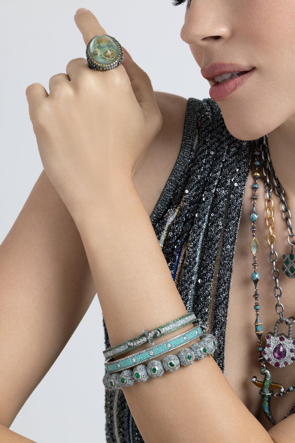 Turquoise Micro Mosaic Wide Bangle Bracelet-YELLOW GOLD-JEWELRYFINE JEWELBRACELET O-SEVAN BICAKCI 