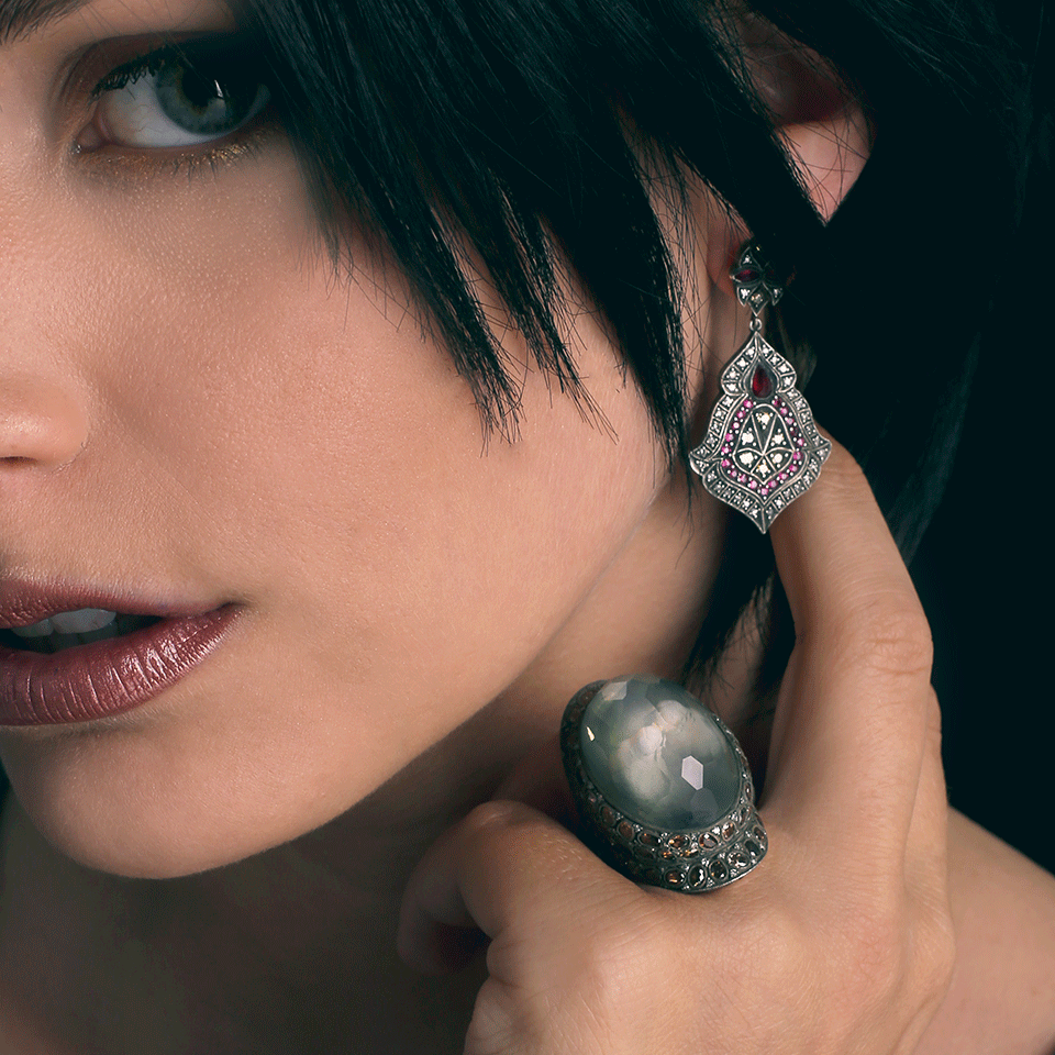 SEVAN BICAKCI-Scroll Sheild Ruby And Diamond Earrings-ROSE GOLD