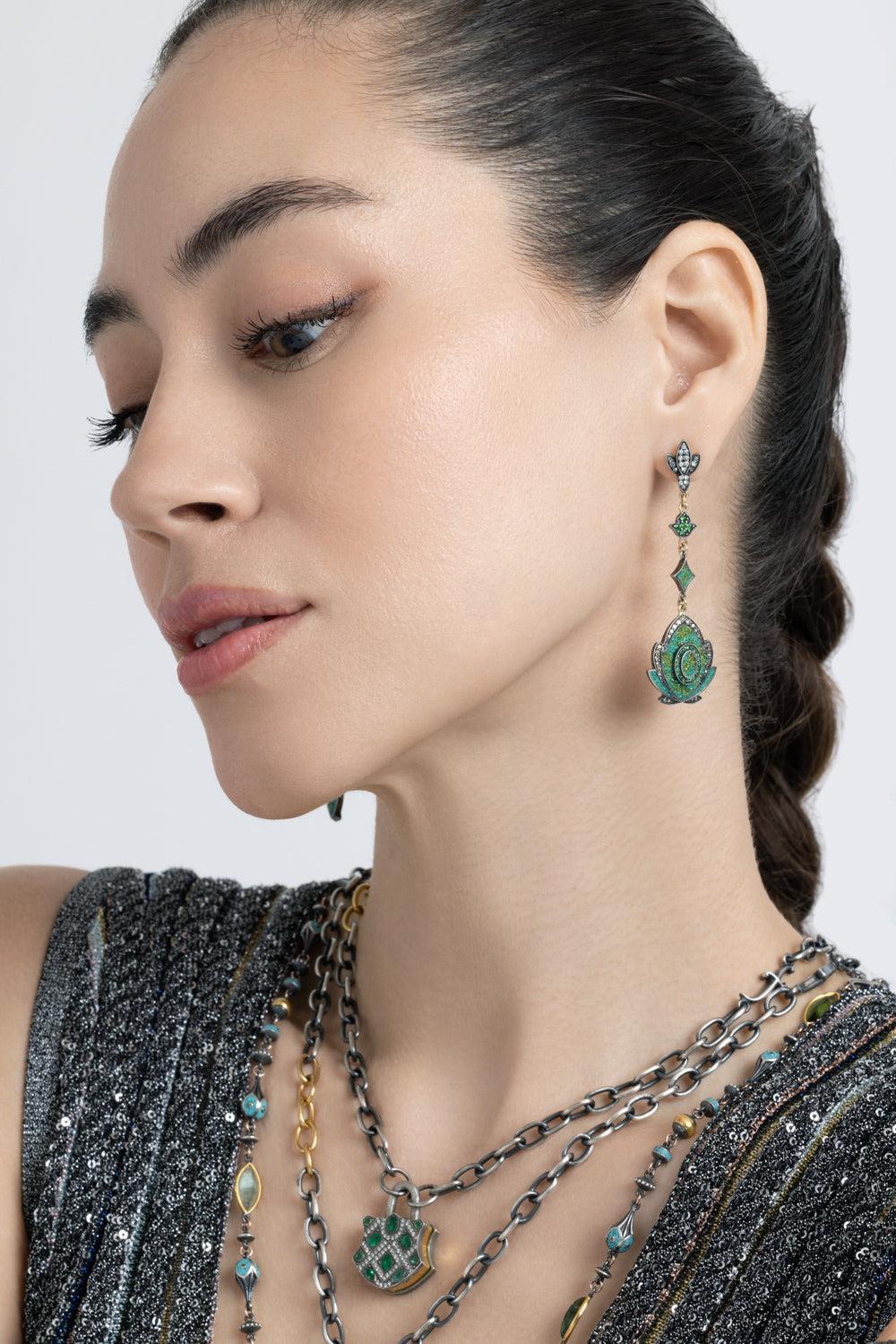 Green Garnet Yellow Brown Diamond Mosaic Drop Earrings-YELLOW GOLD-JEWELRYFINE JEWELEARRING-SEVAN BICAKCI