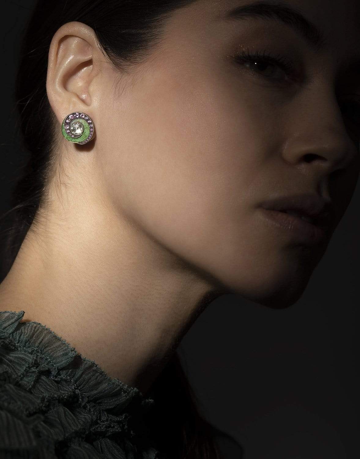 SEVAN BICAKCI-Green Micro Mosaic Round Earrings-YELLOW GOLD
