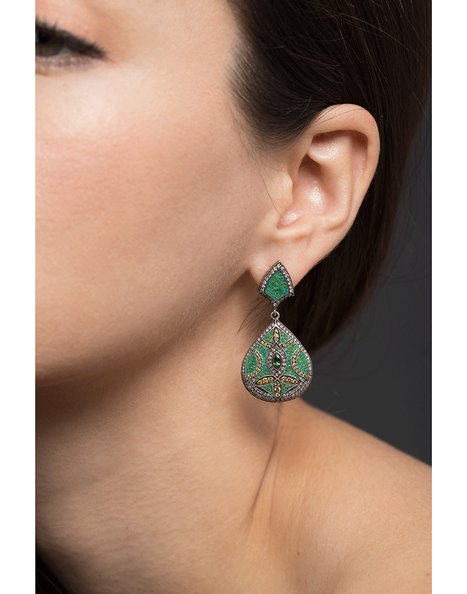 SEVAN BICAKCI-Micro Mosaic Turquoise and Garnet Drop Earrings-YELLOW GOLD
