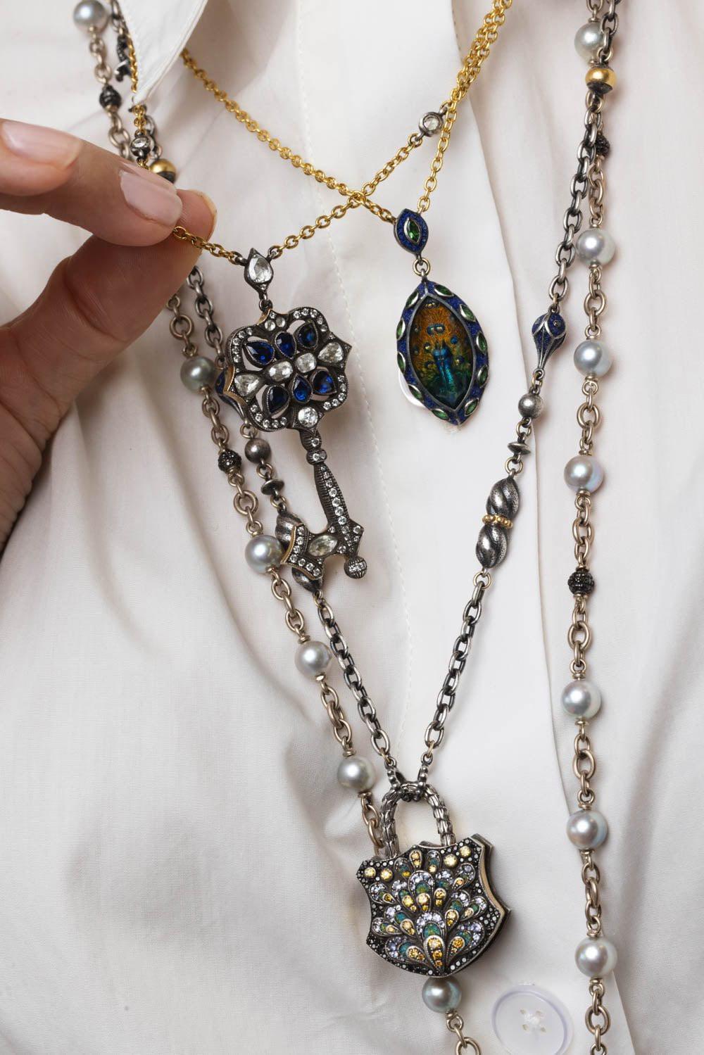 SEVAN BICAKCI-Blue Sapphire Diamond Key Pendant Necklace-YELLOW GOLD
