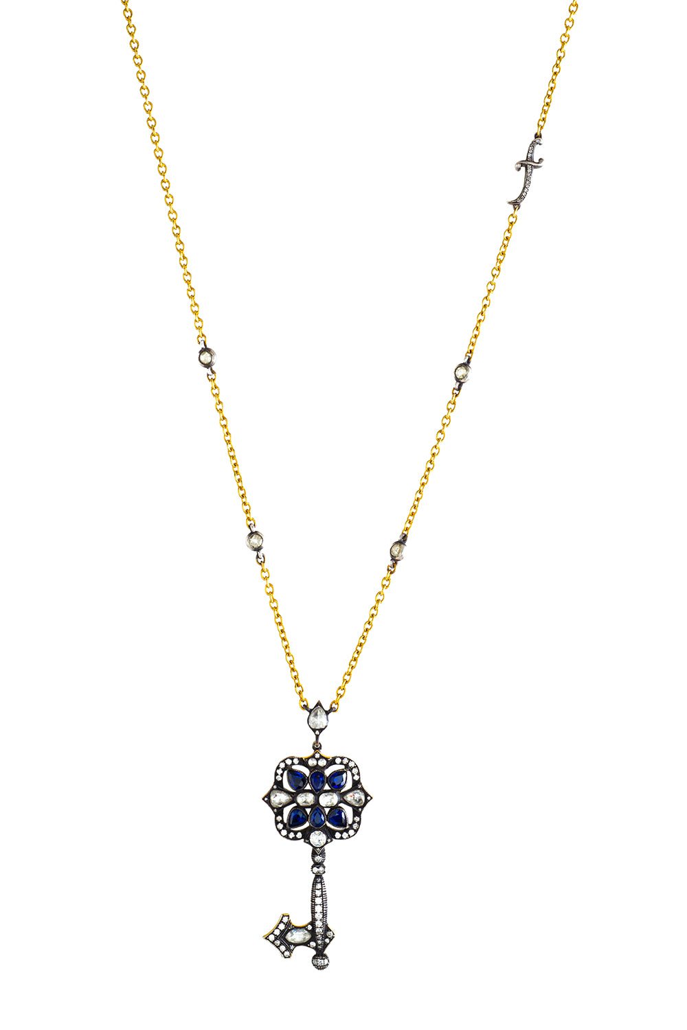 SEVAN BICAKCI-Blue Sapphire Diamond Key Pendant Necklace-YELLOW GOLD