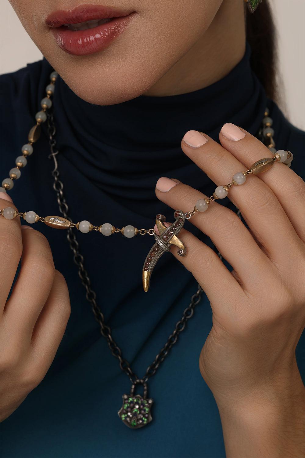 Moonstone Diamond Dagger Clasp Necklace-YELLOW GOLD-JEWELRYFINE JEWELNECKLACE O-SEVAN BICAKCI