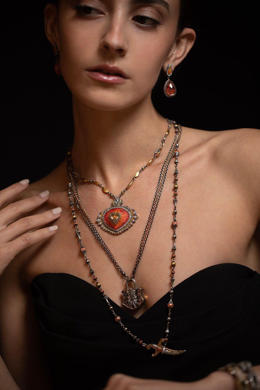 SEVAN BICAKCI-Orange Micro Mosaic Pave Dagger Necklace-YELLOW GOLD