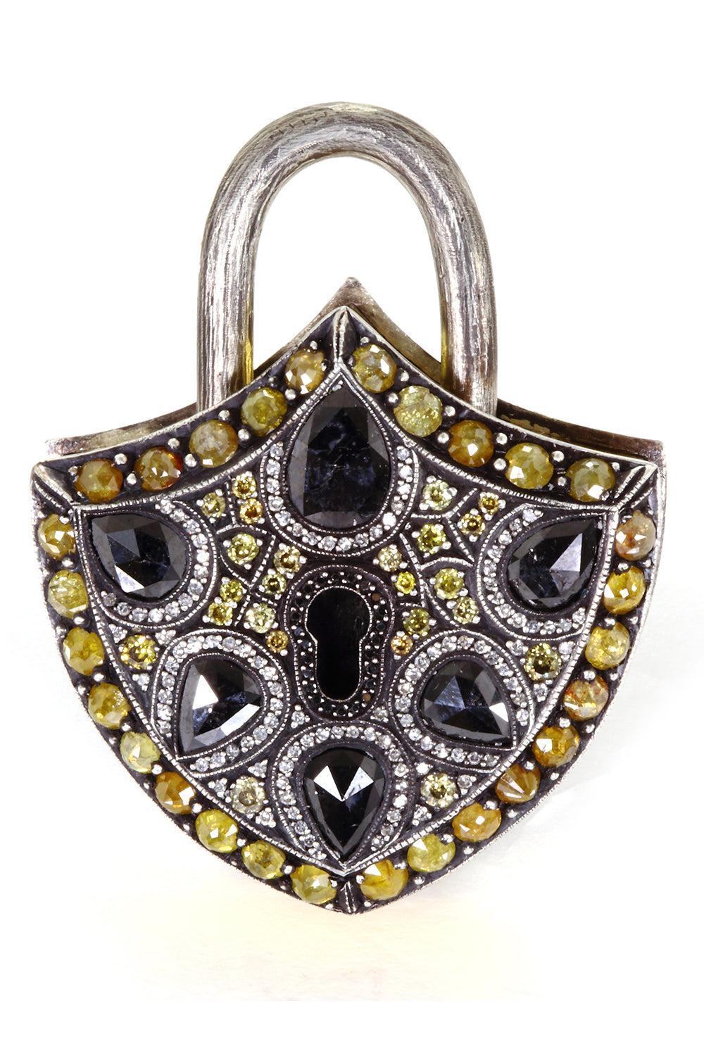  Black Yellow Diamond Shield Keyhole Pendant-YELLOW GOLD-JEWELRYFINE JEWELPENDANT-SEVAN BICAKCI 