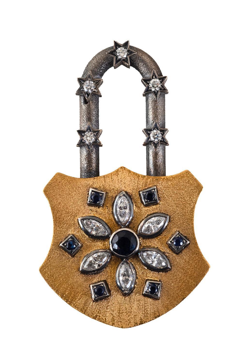  Blue Sapphire Flower Lock Pendant-YELLOW GOLD-JEWELRYFINE JEWELPENDANT-SEVAN BICAKCI 