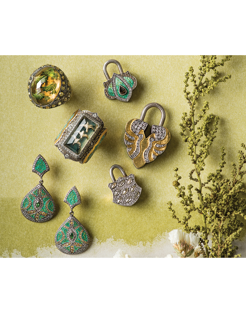 SEVAN BICAKCI-Green Micro Mosaic Ombre Lantern Lock-YELLOW GOLD