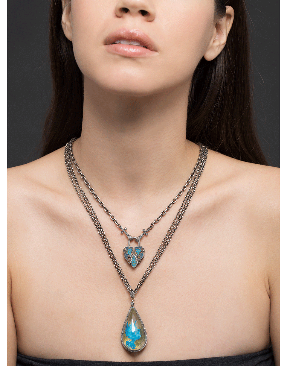 SEVAN BICAKCI-Lapis & Turquoise Micro Mosaic Aspen Leaf Lock-YELLOW GOLD